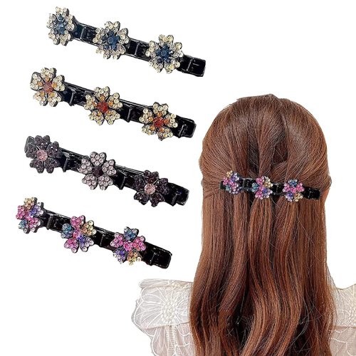 Sparkling Crystal Stone Braided Hair Clips, Satin Fabric Hair Bands, Five petal flower Chopped Hairpin Duckbill Clip Braided Hair Clip with 3 Small Clips Multi Clip Hair Barrette 4Pack (Five petal