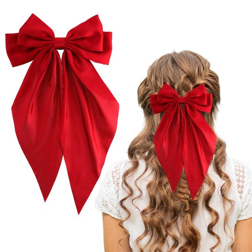 TIESOME Red Hair Bow with Long Tail, French Ribbon Bowknot Hairpins, Soft Silky Satin Hair Clip Big Bow Barrettes Aesthetic Hairclips with Metal Clips Ponytail Hair Barrette 90's Accessories Decor
