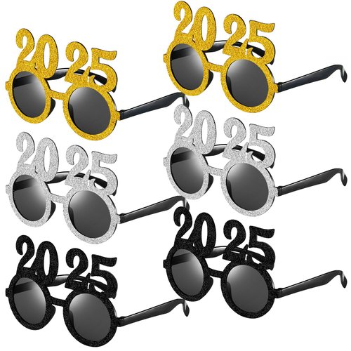 Kanayu 6 Pcs 2025 Happy New Year Eyeglasses 2025 Glitter New Year Sunglasses for New Years Eve Party Supplies Decorations(Classic Colors)