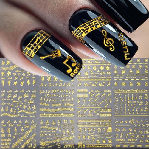 12 Sheets Gold Music Notes Nail Sticker Decals- Metallic Nail Supplies 3D Self-Adhesive Music Note Piano Dance Keys Microphone Guitar Erhu Nail Design Nail Art Stickers for Women