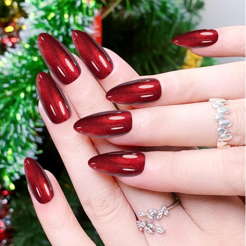 Red Press On Nails,Medium Length Almond Fake Nails,12 Sizes 24 Nail Kit with Glue,Reusable Handmade Press On Nails With UV Sealer Nails (Red Cat Eye Almond)