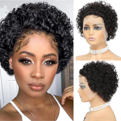 Short Curly Pixie Cut Lace Front Wigs Human Hair, 13X1 HD Lace Front Wigs Plucked for Black Women 6 Inch, Natural Black (6", 13x1, 1B, Pixue Cut Wig)
