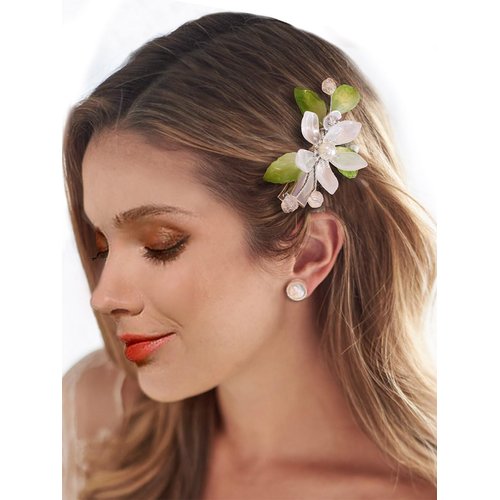 Easedaily Flower Bride Wedding Hair Clip Green Leaf Bridal Hair Piece Rhinestones Hair Accessorie...
