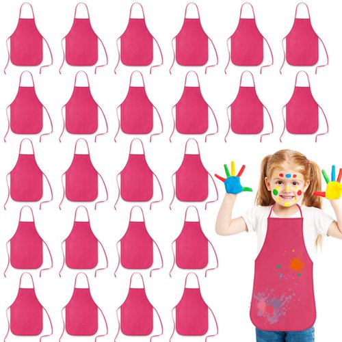 KUUQA 24 Pack Kids Art Aprons Bulk Rose Red Children Painting Aprons Art Smocks for Craft Kitchen Classroom Painting Party Supplies