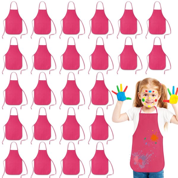 KUUQA 24 Pack Kids Art Aprons Bulk Rose Red Children Painting Aprons Art Smocks for Craft Kitchen Classroom Painting Party Supplies