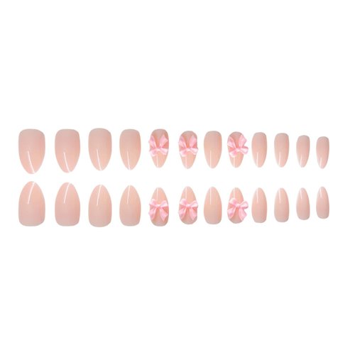 Almond Press on Nails with Bow Charm Designs Cute Pink Fake Nails Medium Almond Shaped Acrylic Nails Gloss False Nails Reusable Glue on Nails for Women Girls