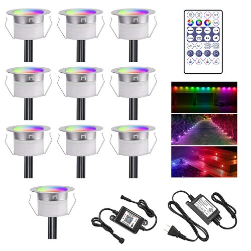 FVTLED Dynamic LED Deck Lights Kit, 10pcs Φ1.77 WiFi RGB Multi-Color Bluetooth Remote Control Low Voltage Recessed Deck Lighting Waterproof Outdoor Yard Path Stair Decor