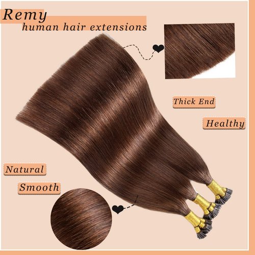 I Tip Human Hair Extensions,100 Strands/Pack Pre Bonded Keratin Stick In Hair Extensions #4 Medium Brown 1g/Strand 100G 18inch Human Hair Fusion I Tip Extensions