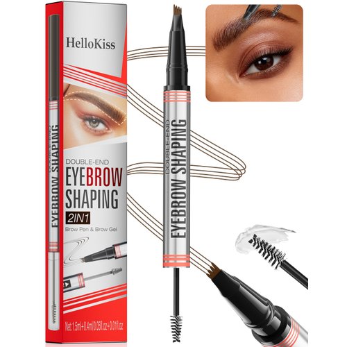 Erinde 2-in-1 Microblading Eyebrow Pen and Clear Brow Gel, Dual-Ended 4-Fork-Tip Eye Brow Tint Pencil & Shaping Brow Gel, Waterproof Long-Lasting Create Natural-Looking Brows Makeup, 01 Light Brown