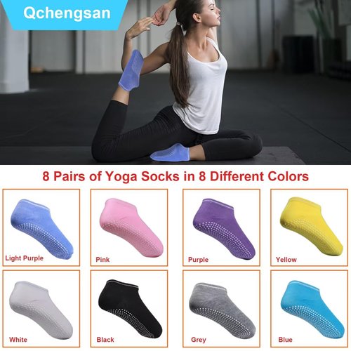 Qchengsan Non Slip Grip Socks, 8 Pairs Pilates Grip Socks for Women, Anti-Skid Yoga Socks with Cushion, Grippy Socks Slipper Socks for Yoga,Pilates,Pure Barre, Ballet, Dance,Barefoot Workout