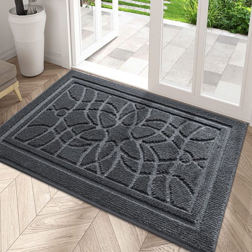 DEXI Front Door Mat for Home Entrance, 20"x32" Non-Slip Absorbent Floor Mats Low-Profile Washable Doormat for Entryway, Garage, Patio, Dark Gray