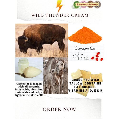 Navoms Beauty Organic Wild Thunder Face Cream with Bison Tallow & Camel Fat + Coenzyme Q10, All Skin Types, Anti Aging, All Purpose Cream, Non Vegan (0.5 oz)