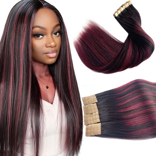 Tape in Hair Extensions Human Hair Yaki Straight Natural Black Mixed Burgundy Color Hair Extensions Real Human Hair 12 Inch 50g/pack 20pcs Tape in Hair Extensions Remy Human Hair for Black Women