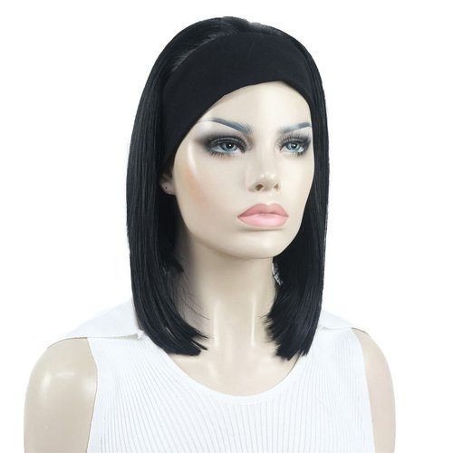 Aimole Short Straight Bob 3/4 Wig with Headband Half Synthetic Wigs Women Hair(Black)