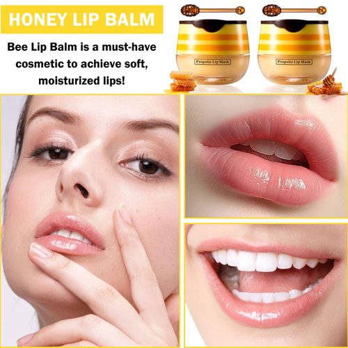 2PCS Honey Lip Balm,Hydrating & Prevention Dry and Dry Cracked Lips,Moisturizing Sleeping Lip Mask with Brush,Reduces Lip Lines,Lip Exfoliating Lip Balm Honey Pot