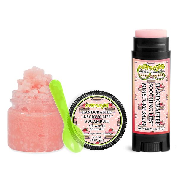 Strawberry Shortcake Soothing & Luscious Lips by OverSoyed Exfoliator & Chapped Lip Repair Lip Care Combo | Artisan Handcrafted to Order Fresh Berry Whipped Cream Vanilla Flavored Exfoliating Sugar Lip Scrub & Lip Moisturizer Balm Gift Set