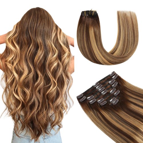 YILITE Hair Extensions Clip in Human Hair 100% Remy Real Hair 110g 8Pcs #4-27-4 Balayage Chocolate Brown to Caramel Blonde Straight Silky Hair Double Weft Clip ins Hair extensions for Women