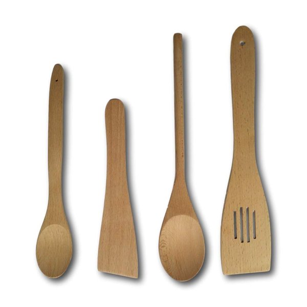 Cooking Style 4 Piece Wooden Kitchen Utensils Set Natural Wood Spoons & Spatulas for Mixing, Stirring, Scooping & Tasting Long Handles, Non-Toxic, Strong & Sturdy，beech wood