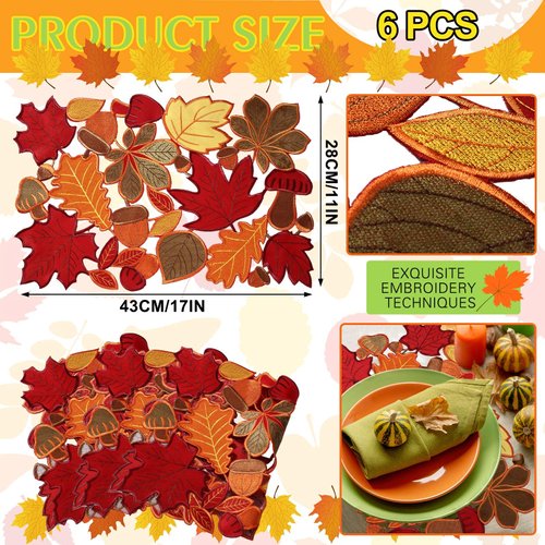 6 Pcs Embroidered Maple Leaves Placemats Thanksgiving Table Placemats Leaf Placemats for Home Kitchen Dinning Thanksgiving, Fall or Autumn Harvest Decorations (Maple Style, 11 x 17 Inch)