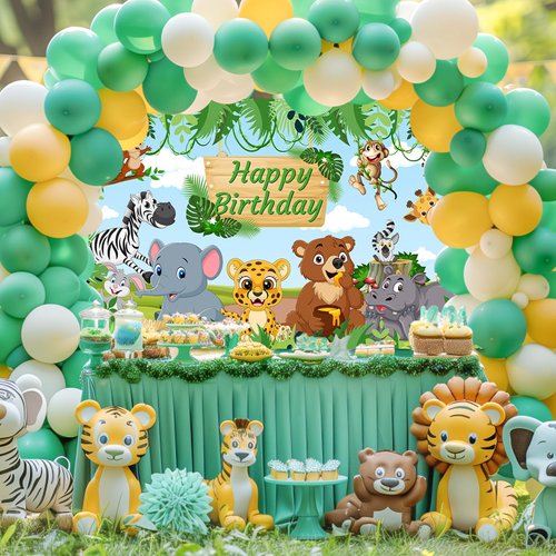 Avezano Safari Happy Birthday Banner Jungle Animals Happy Birthday Backdrop Jungle Animal Theme Birthday Party Decorations Safari Happy Birthday Party Supplies 70.8 x 43.3 Inch
