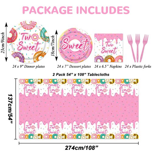 98 Pieces Two Sweet Donut Birthday Party Supplies for 24 Guests Girls Donut Tableware Set Baby Girl 2nd Birthday Donut Plates Napkins Tablecloth Party Decorations Table Cover Dinnerware Party Favors