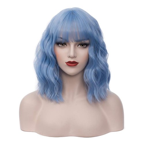 BUFASHION 14" Women Short Wavy Curly Wig Light Blue Bob Wig Cosplay Halloween Synthetic Wigs With Neat Bang Wig With Free Wig Cap (Light Blue 1)