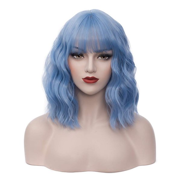 BUFASHION 14" Women Short Wavy Curly Wig Light Blue Bob Wig Cosplay Halloween Synthetic Wigs With Neat Bang Wig With Free Wig Cap (Light Blue 1)