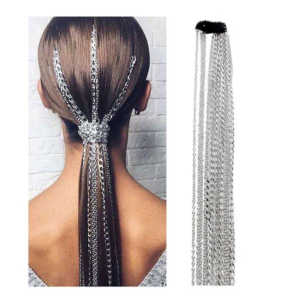 Campsis Punk Tassel Hair Clips Multistrand Chain With Clips Ponytail Multi Strand Head Chain Decorated Hair Extension Chain Festival Nightclub Party Hair Chain for Women and Girls (C-silver)