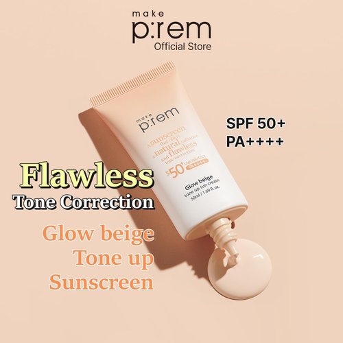 MAKE P:REM Glow Beige Tone Up Sun Cream, 1.69 Fl. Oz, 50ml, Skin Tone/Texture/Glow Care, Skin Tone Correction