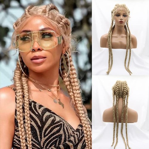 Kalisa,Blonde 4 Twist Lace Front Braid Wig Nature Looking with Baby Hair Synthetic Wigs Hand Tied Heat Resistant Fiber 4 Braided Daily Wear Wigs for Women 30 Inches