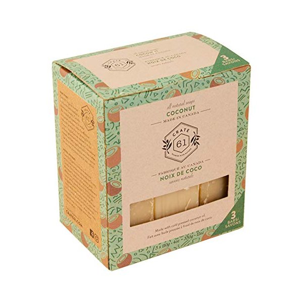 Crate 61, Vegan Natural Bar Soap, Coconut, 3 Pack, Handmade Soap With Premium Essential Oils, Cold Pressed Face And Body Bar Soap For Men And Women (4 oz, 3 Bars) Coconut 3 Pack