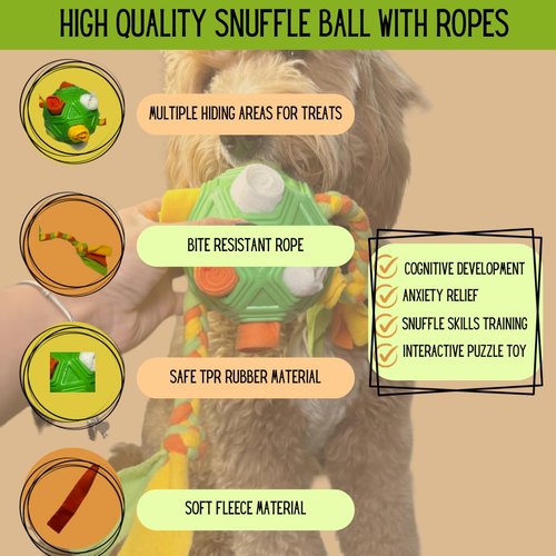 Generic Snuffle ball with ropes, Dog puzzle, mentally stimulating toys for dogs, pet treat dispenser for training, stress relief. Hidden treats on cloth strip. Washable (blue and green)