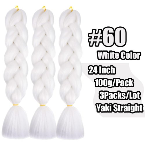 DOREN Jumbo Braids Hair Extensions Synthetic Hair Pure Color 3 Packs for Twist Box Braiding Hair 24inches #60 White Color