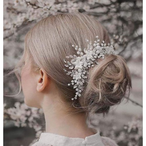 YBSHIN Wedding Hair Comb Silver Flower Pearl Bridal Hair Piece Crystal Bride Hair Accessories for Women and Girls
