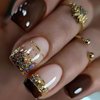 Generic Short Press on Nails French Tip Fake Nails Square False Nails with Gold Line Glitter Designs Nude Glue on Nails Brown Fall Stick on Nails Full Cover Cute Acrylic Nails Glossy Artificial Nails