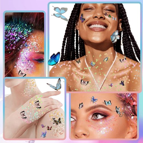 Wugbc 30 Sheets Butterfly Temporary Tattoos, 50ml White Body Glitter Gel Set, Festival Accessories for Woman Girls, Waterproof Stickers Colorful Sequins, Rave Essentials Chunky Sparkling Mermaid Art