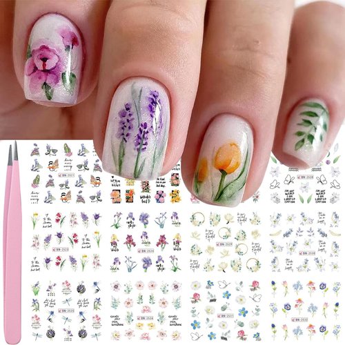 VOTACOS 12 Sheets Flower Nail Art Stickers Decals Summer Lily Nail Decals Water Transfer Nail Art Supplies Orchid Butterfly Dragonfly Colorful Design Nail Accessories for Women Nail Decorations.