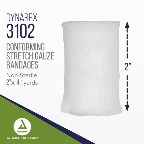 Dynarex Stretch Gauze Bandages, 2" x 4.1 yds, Non-Sterile & Latex-Free, Provides Wound Care in Medical and Home Environments, Individual Rolls, 1 Case of 8 Boxes of 12 Bandages