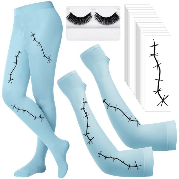 Didaey Costume Accessories Include 20 Halloween Scars Stitches Tattoos Footed Tights Arm Sleeves Halloween False Lashes(Blue)
