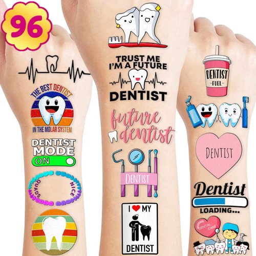 96PCS Cute Future Dental Dentist Temporary Tattoos Birthday Themed Party Supplies Decorations Favors First Milk Tooth Teeth Stickers Tattoo Gifts for Baby Kids Girls Boys Decor School Reward Christmas