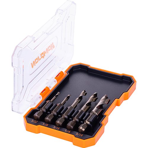 NordWolf 5-Piece M35 Cobalt Stubby Drill Bit Set for Stainless Steel & Hard Metals, with 1/4" Hex Shank for Quick Chucks & Impact Drivers, SAE Sizes 3/32"-1/8"-3/16"-1/4"-5/16" in Storage Case