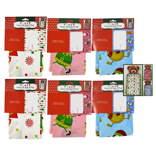 Set of 6 - 36" x 44" Giant Gift Bags With Tag - 3 Christmas Themes and Colors Including Pink, Blue, and White!