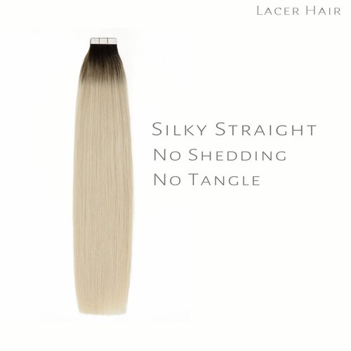Lacer Human Hair Tape in Extensions Darkest Brown to Platinum Blonde Tape in Hair Extensions Human Hair 24 Inch 20pcs 50g Tape Hair Extensions Straight Seamless Skin Weft Real Human Hair