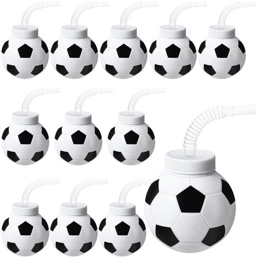 12 Set Soccer Ball Cups with Straws and Lids, 10 oz Plastic Reusable Soccer Cups Bulk for Kids Birthday Theme Party Supplies