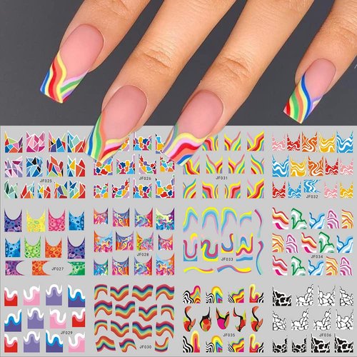 12 Designs Abstract French Tips Nail Art Sticker Colorful Wave Stripe Nail Decals Rainbow Geometr...