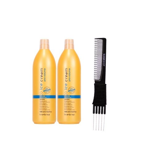 kuss Inebrya Ice Cream Pro Volume Shampoo (33.8 oz) with Teasing Comb Pack of 2