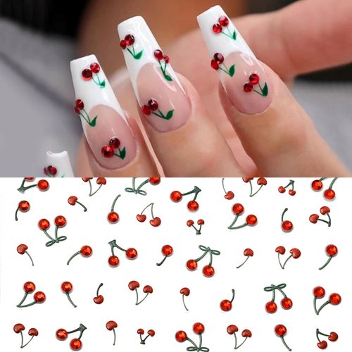 PrettyDiva Nail Art Stickers 5D Nail Stickers Spring Crystal Cherry Art Nail Sticker Decals Fruit Self-Adhesive Nail Decals Cherry French Tip Nails Cherry Nail Stickers DIY Nail Art Decal