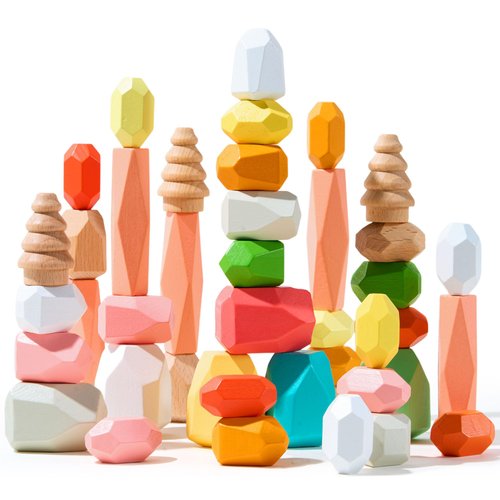 VigorFun Stacking Rocks 42 Pcs Wooden Balancing Stones Toy Set, Safe Material Montessori Stacking Game for Toddlers, Educational Wooden Stacking Rocks for Kids (Pink)