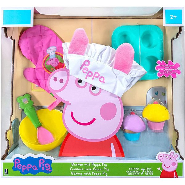 Peppa Pig Baking with Peppa Roleplay Set, 7 Pieces - Includes Chef's Hat, Oven Mitt, Cupcake/Muffin Tray, Cupcakes, Spoon & Bowl - Cook with Peppa! - Toy Gift for Kids - Ages 2+