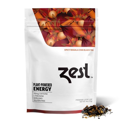 Zest 150mg High Caffeine Energy Loose Leaf Blend - Spicy Masala Chai Black Tea - 4 Oz - All Natural Strong Flavored Healthy Coffee Alternative Highly Caffeinated Substitute - Perfect for Keto Diet